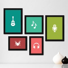 Kit Com 5 Quadros Decorativos - Música Notas Musicais Instrumentos - 125kq01