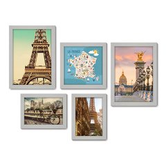 Kit Com 5 Quadros Decorativos - França Paris Mundo Mapa - 144kq01 - Allodi