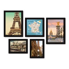 Kit Com 5 Quadros Decorativos - França Paris Mundo Mapa - 144kq01 na internet