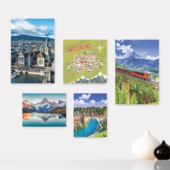 Kit 5 Placas Decorativas - Suíça Paisagem Mundo Mapa Casa Quarto Sala - 146ktpl5