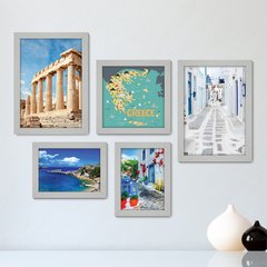 Kit Com 5 Quadros Decorativos - Grécia Mar Mykonos Mapa - 150kq01 - comprar online