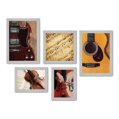 Kit Com 5 Quadros Decorativos - Instrumentos Musicais - Música - Escola de Música - Sala - 155kq01 - Allodi