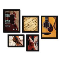 Kit Com 5 Quadros Decorativos - Instrumentos Musicais - Música - Escola de Música - Sala - 155kq01 na internet