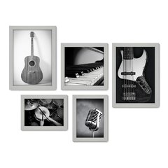 Kit Com 5 Quadros Decorativos - Instrumentos Musicais - Música - Escola de Música - Sala - 158kq01 - Allodi