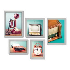 Kit Com 5 Quadros Decorativos - Rádio - Televisão - Telefone - Máquina de Escrever - Vintage - Sala - 170kq01 - Allodi