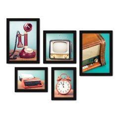 Kit Com 5 Quadros Decorativos - Rádio - Televisão - Telefone - Máquina de Escrever - Vintage - Sala - 170kq01 na internet