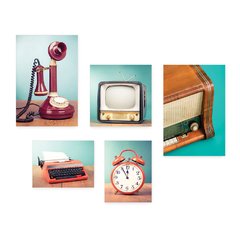 Kit 5 Placas Decorativas - Rádio - Televisão - Telefone - Máquina de Escrever - Vintage - Sala Casa Quarto Sala - 170ktpl5 - comprar online