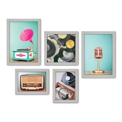 Kit Com 5 Quadros Decorativos - Rádio - Vitrola - Microfone - Vinil - Vintage - 171kq01 - Allodi
