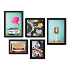 Kit Com 5 Quadros Decorativos - Rádio - Vitrola - Microfone - Vinil - Vintage - 171kq01 na internet