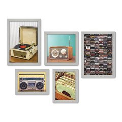 Kit Com 5 Quadros Decorativos - Rádio - Fita - Vinil - Vitrola - Vintage - 172kq01 - Allodi