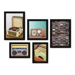 Kit Com 5 Quadros Decorativos - Rádio - Fita - Vinil - Vitrola - Vintage - 172kq01 na internet