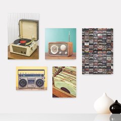 Kit 5 Placas Decorativas - Rádio - Fita - Vinil - Vitrola - Vintage Casa Quarto Sala - 172ktpl5