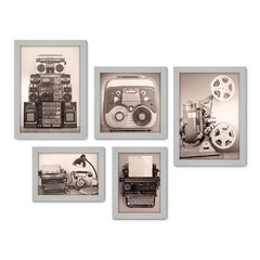 Kit Com 5 Quadros Decorativos - Máquina de Escrever - Rádio - Projetor - Vintage - 173kq01 - Allodi