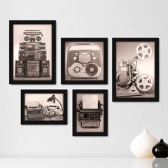 Kit Com 5 Quadros Decorativos - Máquina de Escrever - Rádio - Projetor - Vintage - 173kq01