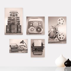 Kit 5 Placas Decorativas - Máquina de Escrever - Rádio - Projetor - Vintage Casa Quarto Sala - 173ktpl5