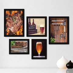 Kit Com 5 Quadros Decorativos - Churrasco - Churrasqueira - Espaço Gourmet - Cozinha - 192kq01