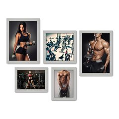 Kit Com 5 Quadros Decorativos - Fitness - Academia - Musculação - Ginástica - 226kq01 - Allodi
