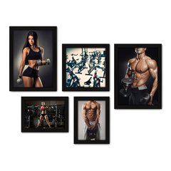 Kit Com 5 Quadros Decorativos - Fitness - Academia - Musculação - Ginástica - 226kq01 na internet