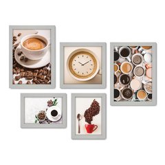 Kit Com 5 Quadros Decorativos - Café - Coffee - Cafeteria - Lanchonete - Cozinha - 235kq01 - Allodi