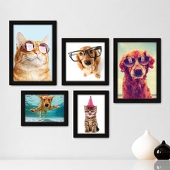 Kit Com 5 Quadros Decorativos - Pet Shop - Gatos - Cachorros - Animais - Veterinário - 260kq01