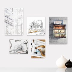 Kit 5 Placas Decorativas - Arquitetura - Projeto de Arquitetura Casa Quarto Sala - 262ktpl5