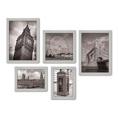 Kit Com 5 Quadros Decorativos - Inglaterra - Londres - Pontos Turísticos - Preto e Branco - 270kq01 - Allodi