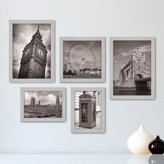 Kit Com 5 Quadros Decorativos - Inglaterra - Londres - Pontos Turísticos - Preto e Branco - 270kq01 - comprar online