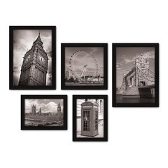 Kit Com 5 Quadros Decorativos - Inglaterra - Londres - Pontos Turísticos - Preto e Branco - 270kq01 na internet
