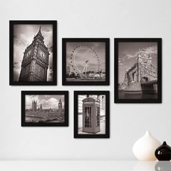 Kit Com 5 Quadros Decorativos - Inglaterra - Londres - Pontos Turísticos - Preto e Branco - 270kq01