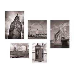 Kit 5 Placas Decorativas - Inglaterra - Londres - Pontos Turísticos - Preto e Branco Casa Quarto Sala - 270ktpl5 - comprar online