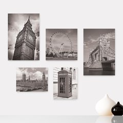 Kit 5 Placas Decorativas - Inglaterra - Londres - Pontos Turísticos - Preto e Branco Casa Quarto Sala - 270ktpl5