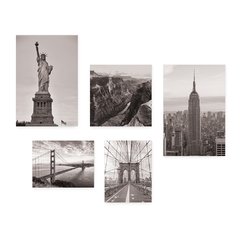 Kit 5 Placas Decorativas - Estados Unidos - Pontos Turísticos - Nova Iorque São Francisco Estátua Canyon - Preto e Branco Casa Quarto Sala - 272ktpl5 - comprar online