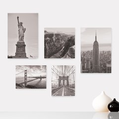 Kit 5 Placas Decorativas - Estados Unidos - Pontos Turísticos - Nova Iorque São Francisco Estátua Canyon - Preto e Branco Casa Quarto Sala - 272ktpl5