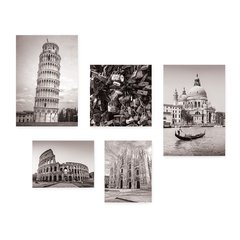 Kit 5 Placas Decorativas - Itália - Cidades - Pontos Turísticos - Roma Pisa Veneza Milão Florença - Preto e Branco Casa Quarto Sala - 274ktpl5 - comprar online