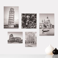 Kit 5 Placas Decorativas - Itália - Cidades - Pontos Turísticos - Roma Pisa Veneza Milão Florença - Preto e Branco Casa Quarto Sala - 274ktpl5
