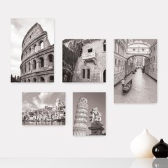 Kit 5 Placas Decorativas - Itália - Cidades - Pontos Turísticos - Roma Nápoles Pisa Veneza Florença - Preto e Branco Casa Quarto Sala - 276ktpl5