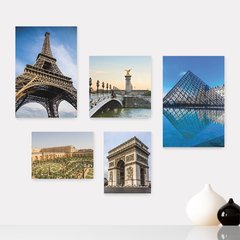 Kit 5 Placas Decorativas - França - Cidades - Torre Eiffel Arco do Triunfo Louvre - Pontos Turísticos Casa Quarto Sala - 277ktpl5