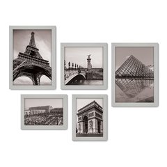 Kit Com 5 Quadros Decorativos - França - Cidades - Torre Eiffel Arco do Triunfo Louvre - Pontos Turísticos - 278kq01 - Allodi
