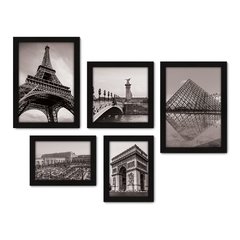 Kit Com 5 Quadros Decorativos - França - Cidades - Torre Eiffel Arco do Triunfo Louvre - Pontos Turísticos - 278kq01 na internet