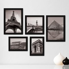Kit Com 5 Quadros Decorativos - França - Cidades - Torre Eiffel Arco do Triunfo Louvre - Pontos Turísticos - 278kq01