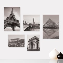Kit 5 Placas Decorativas - França - Cidades - Torre Eiffel Arco do Triunfo Louvre - Pontos Turísticos - Preto e Branco Casa Quarto Sala - 278ktpl5