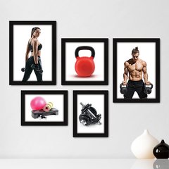 Kit Com 5 Quadros Decorativos - Academia - Fitness - Ginástica - Musculação - 285kq01