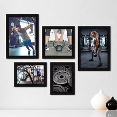 Kit Com 5 Quadros Decorativos - Academia - Fitness - Ginástica - Musculação - 286kq01