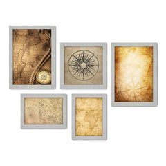 Kit Com 5 Quadros Decorativos - Mapa - Bússola - Vintage - Sala - 290kq01 - Allodi