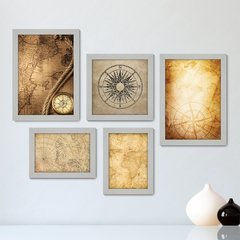 Kit Com 5 Quadros Decorativos - Mapa - Bússola - Vintage - Sala - 290kq01 - comprar online