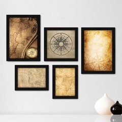 Kit Com 5 Quadros Decorativos - Mapa - Bússola - Vintage - Sala - 290kq01