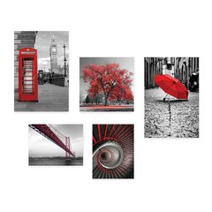 Kit 5 Placas Decorativas - Árvore - Cidade - Preto e Branco com Vermelho - Casa Quarto Sala - 293ktpl5 - comprar online