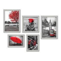 Kit Com 5 Quadros Decorativos - Árvore - Cidade - Flor - Preto e Branco com Vermelho - Sala - 294kq01 - Allodi