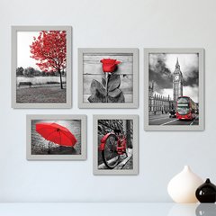 Kit Com 5 Quadros Decorativos - Árvore - Cidade - Flor - Preto e Branco com Vermelho - Sala - 294kq01 - comprar online