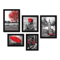 Kit Com 5 Quadros Decorativos - Árvore - Cidade - Flor - Preto e Branco com Vermelho - Sala - 294kq01 na internet